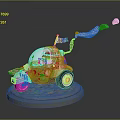 Beige Red Cartoon Car With Transparent Cabin Decorative Flags Smoke Trail On Display Platform