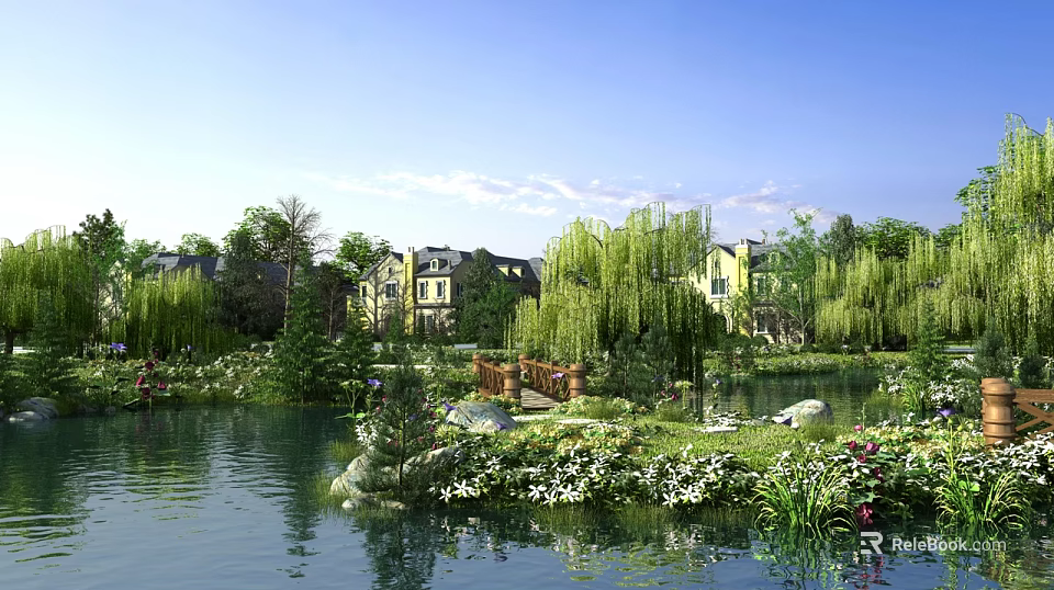 Scenic Lakeside Landscape With Weeping Willows Blue Sky Bridge Houses And Reflection On Water 3d model 