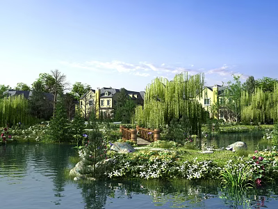 Scenic Lakeside Landscape With Weeping Willows Blue Sky Bridge Houses And Reflection On Water 3d model