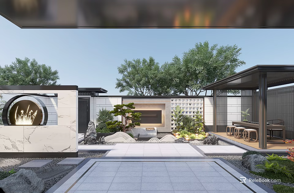 Modern Courtyard Garden Design With Stone Patio Potted Pine Circular Wall And Greenery 3d model 