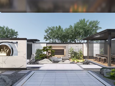 Modern Courtyard Garden Design With Stone Patio Potted Pine Circular Wall And Greenery 3d model