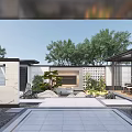 Modern Courtyard Garden Design With Stone Patio Potted Pine Circular Wall And Greenery
