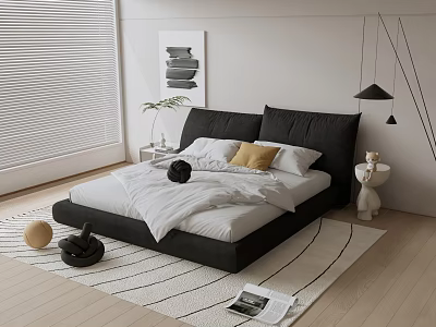 Modern Double Bed with Black Headboard White Sheets Yellow Pillows and Wooden Floor Bedroom 3d model