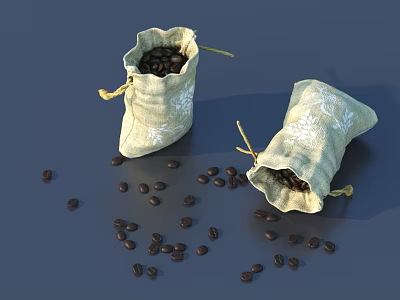 Coffee Beans In Light Colored Floral Pattern Cloth Bags And Scattered Around Blue Background 3d model