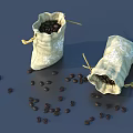 Coffee Beans In Light Colored Floral Pattern Cloth Bags And Scattered Around Blue Background