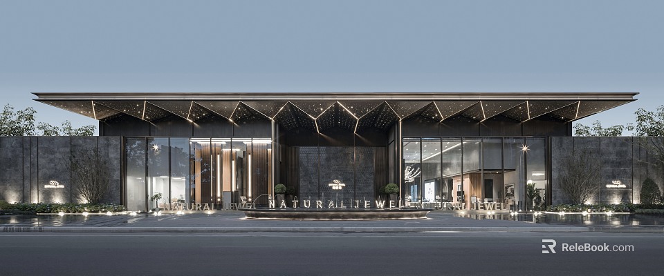 Modern Commercial Building Exterior With Glass Facade Metal Roof And Decorative Entrance 3d model 