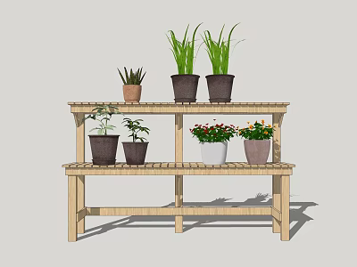 Two Tiered Wooden Shelf For Floral Display With Potted Plants 3d model