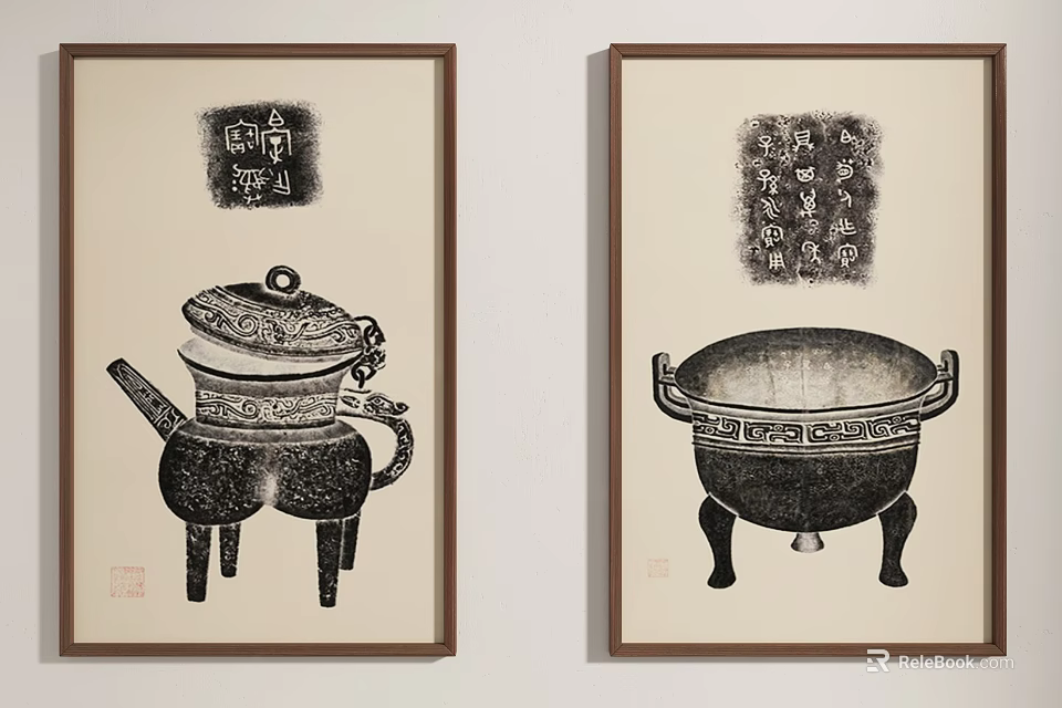 Traditional Chinese Bronze Vessel Wall Art With Ancient Cultural Relics And Calligraphy Seals 3d model 