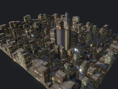 Modern Commercial Street in City with Illuminated Tall Buildings and Night Lights 3d model