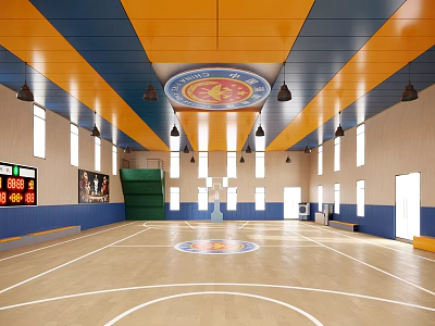 Basketball Gym Interior With Wooden Floor Colorful Ceiling And Scoreboard 3d model