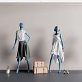 Fashion Mannequins in Blue and White Outfits with Suitcase Handbag and Shoes