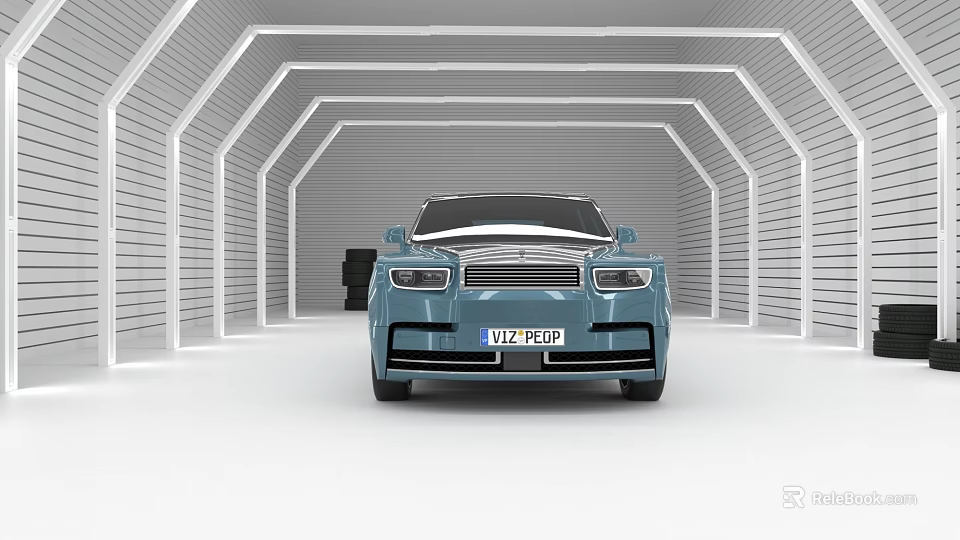 Blue Luxury Car in Arched Tunnel with White Walls Showcasing Front Grille VIP License Plate 3d model 