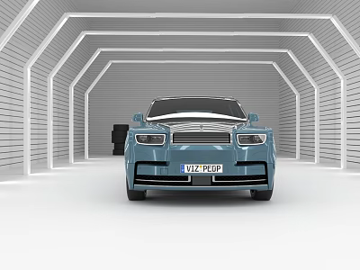 Blue Luxury Car in Arched Tunnel with White Walls Showcasing Front Grille VIP License Plate 3d model