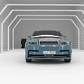 Blue Luxury Car in Arched Tunnel with White Walls Showcasing Front Grille VIP License Plate