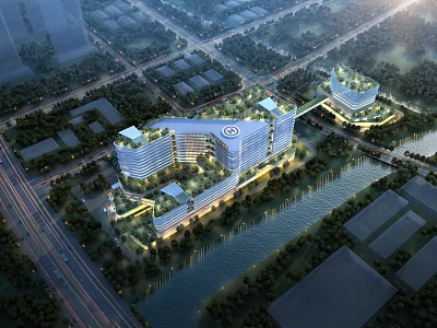 Aerial View Urban Planning Design With Modern Connected Buildings Riverfront Roads And Green Parks 3d model