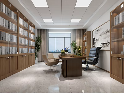 Spacious Modern Office With Wooden Bookshelves Wooden Desk Green Plants And City View Window 3d model