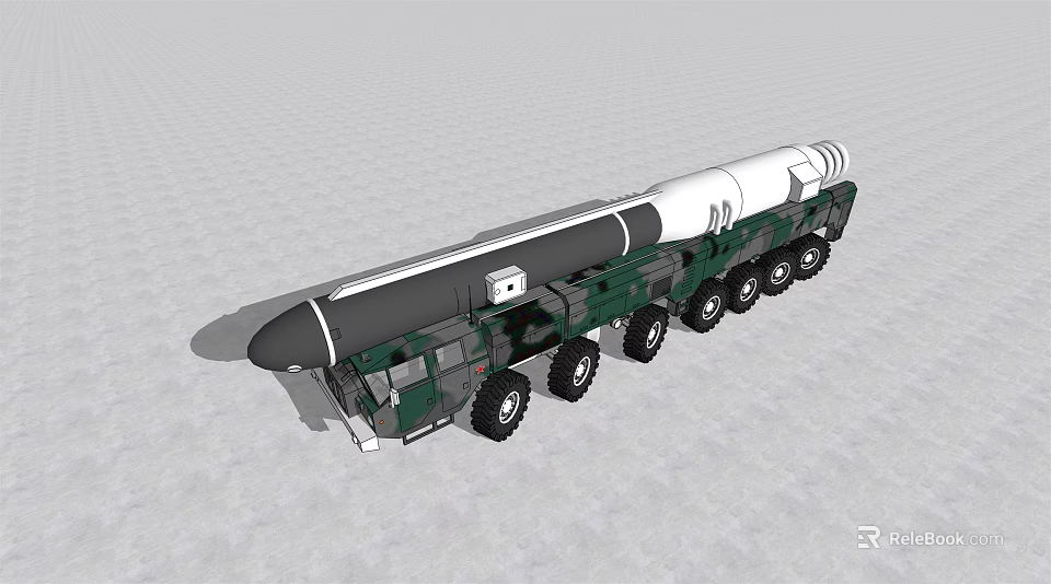 Military Camouflage Missile Launch Vehicle With Multiple Wheels And Long Missile 3d model 
