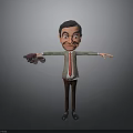 Cartoon Man Wearing Gray Suit Red Tie Open Arms Holding Brown Item On Gray Background