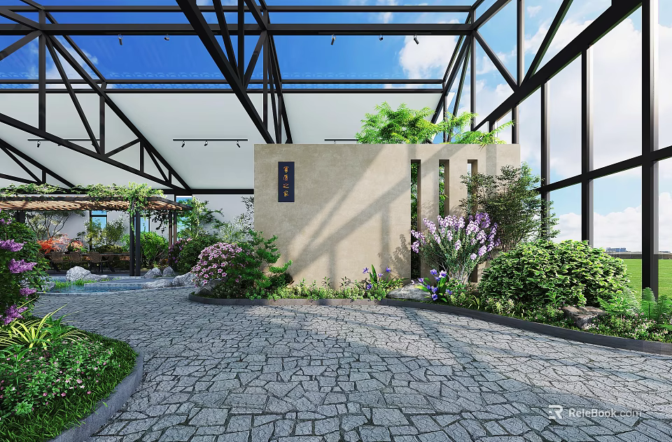 Stunning Indoor Landscape Design With Glass Roof Metal Frame Stone Path And Lush Greenery 3d model 