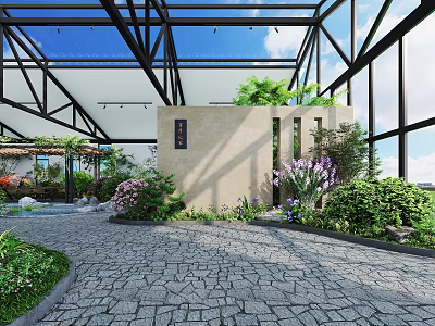 Stunning Indoor Landscape Design With Glass Roof Metal Frame Stone Path And Lush Greenery 3d model
