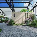Stunning Indoor Landscape Design With Glass Roof Metal Frame Stone Path And Lush Greenery