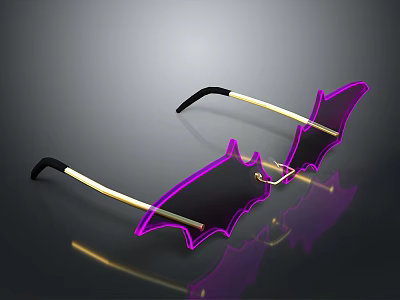 Stylish Bat Shaped Glasses With Purple Frame And Golden Temples Reflection 3d model