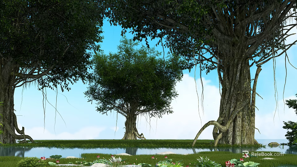 Tall Trees Surrounded by Pond Water Lilies Green Grass and Blue Sky 3d model 