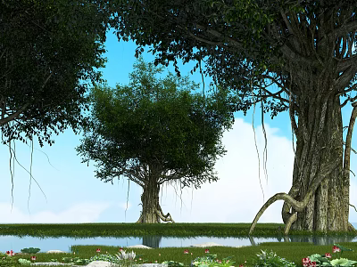 Tall Trees Surrounded by Pond Water Lilies Green Grass and Blue Sky 3d model