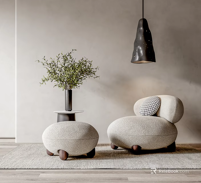 Cozy Light Gray Single Seater Sofa With Plaid Cushion Green Plant And Black Pendant Light 3d model 