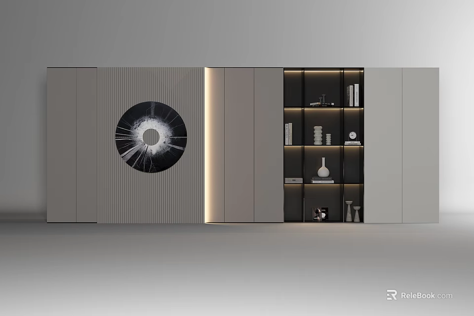 Modern Sofa Background Wall With Gray Panels Circular Art And Black Open Shelves 3d model 