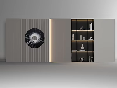Modern Sofa Background Wall With Gray Panels Circular Art And Black Open Shelves 3d model