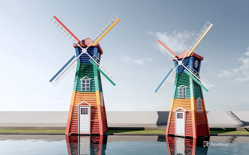 Colorful Windmills With Red Yellow Green Blue Stripes Under Blue Sky And Water Reflections 3d model 
