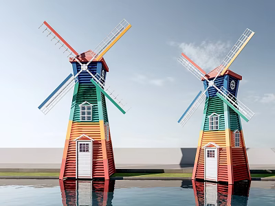 Colorful Windmills With Red Yellow Green Blue Stripes Under Blue Sky And Water Reflections 3d model