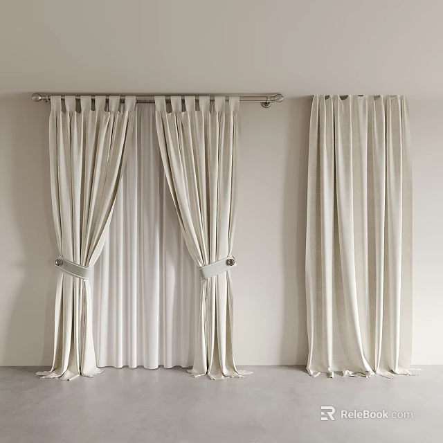 Beige Textured Curtains With Elegant Drapery Panel Design And Tiebacks For Interior Decor 3d model