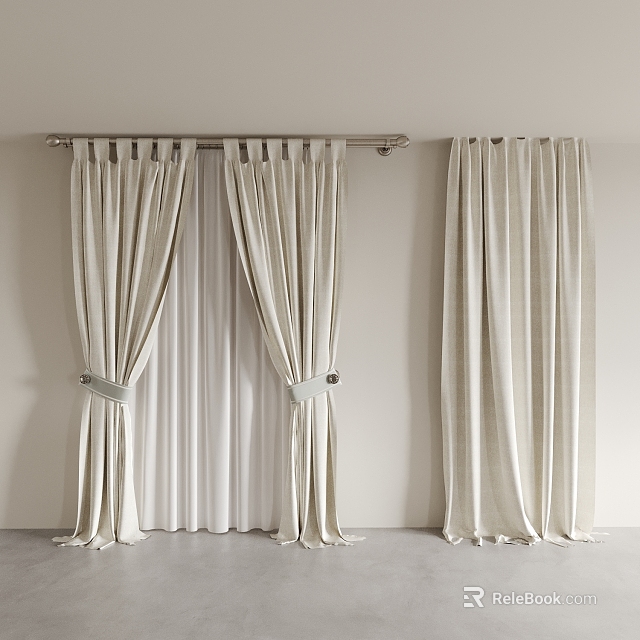 Beige Textured Curtains With Elegant Drapery Panel Design And Tiebacks For Interior Decor 3d model 