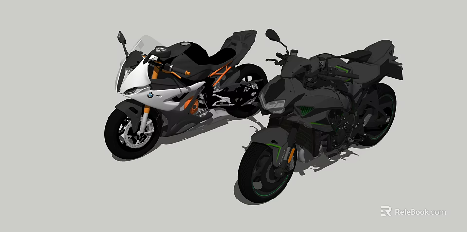 Stylish Sport And Street Motorcycles With Black Silver Green Accents Design 3d model 