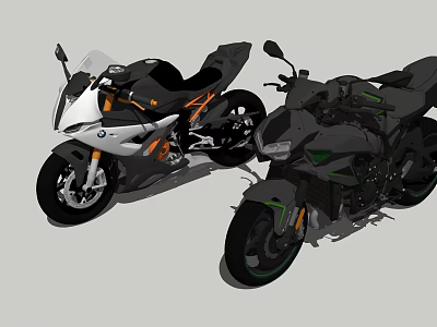 Stylish Sport And Street Motorcycles With Black Silver Green Accents Design 3d model