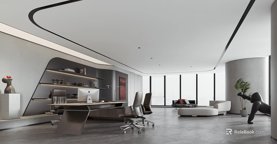 Modern Office Interior Design With Executive Desk Ergonomic Chairs And Large Windows 3d model 