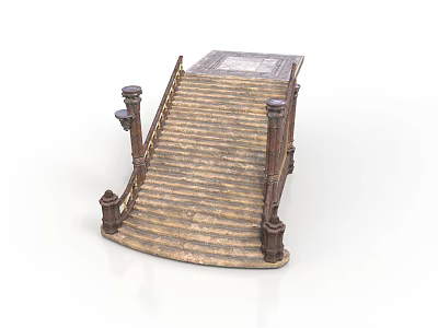 Curved Wooden Staircase Architectural Model With Stone Columns And Railings 3d model