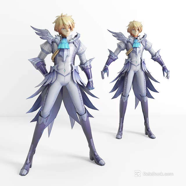 Stylish Game Movie Character in White Purple Outfit with Wings Armor and Blue Accents 3d model 