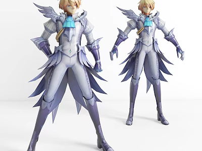 Stylish Game Movie Character in White Purple Outfit with Wings Armor and Blue Accents 3d model