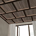Wooden Grid Pattern Ceiling In Room With Window And Curtains 3d model
