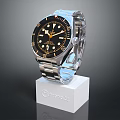 Elegant Wrist Watch With Silver Metal Bracelet Black Dial And Gold Hands On White Stand