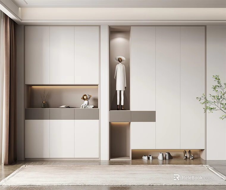 Modern White Built in Shoe Cabinet With Open Shelves And Decorative Items Storage 3d model 