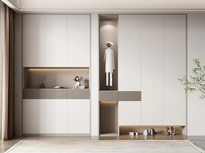 Modern White Built in Shoe Cabinet With Open Shelves And Decorative Items Storage 3d model