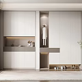 Modern White Built in Shoe Cabinet With Open Shelves And Decorative Items Storage