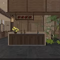 Open Kitchen Restaurant Interior With Chef Preparing Food And Fresh Ingredients