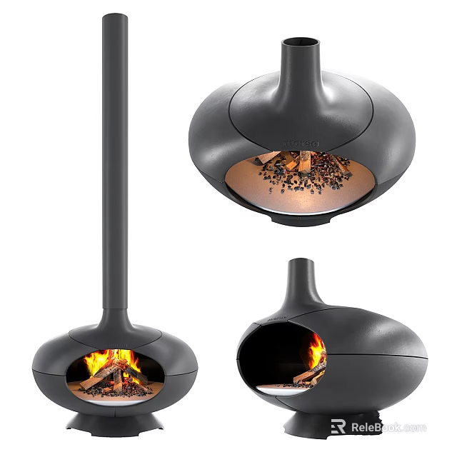 Modern Black Fireplace Design With Flames And Unique Curved Structure In Views 3d model 