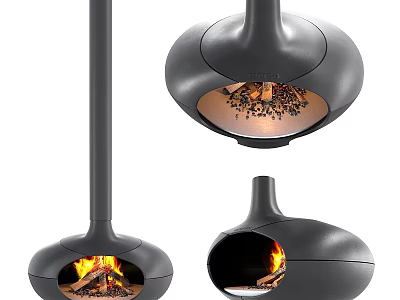 Modern Black Fireplace Design With Flames And Unique Curved Structure In Views 3d model