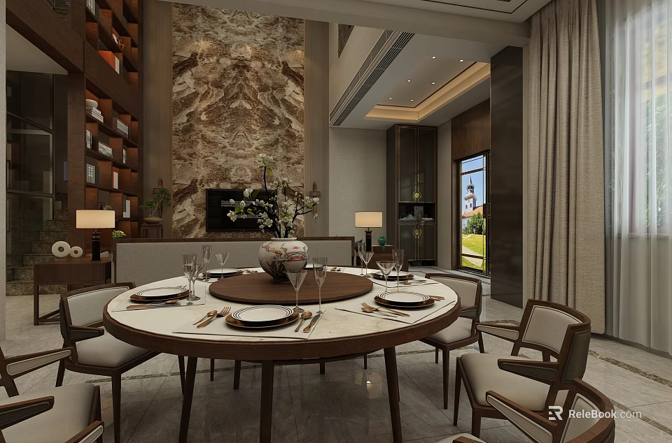 Elegant Modern Dining Living Room Interior With Round Table Chairs Stone Wall And Decor 3d model 